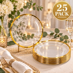 Clear Plastic Premium Dessert Plates with Gold Trim-25Pk